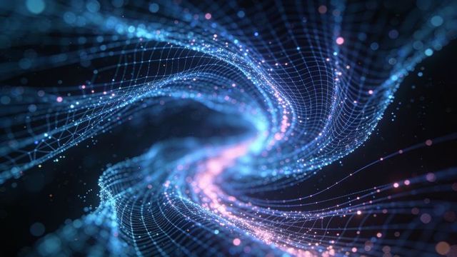 Swirling neon wireframe vortex of particles and digital mesh, futuristic tech background