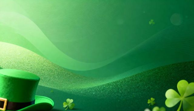 St Patrick's Day Green Top Hat with Shamrocks on Glittering Green Wave Background for Banner or Card