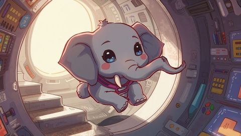 Baby elephant floating through spacecraft hatch wearing purple harness, whimsical space artwork