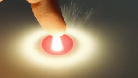Fingertip Pressing Lit Circular Button, Halo Glow and Dust Burst Activating Futuristic Interface