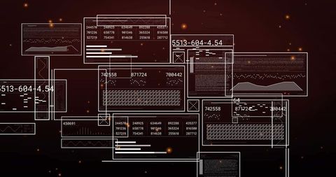 Glassy HUD Interface with Wireframe Panels, Data Matrix, Charts and Orange Sparks