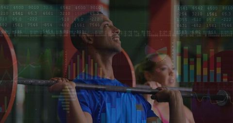 Man squatting barbell with data visualization background