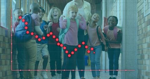 Diverse schoolchildren walking with teacher in corridor, backpacks and red dotted data overlay