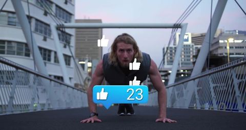 Man Exercising Outdoors with Social Media Like Overlays