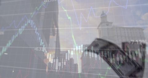 Digital Interface Showing Stock Market and Currency Overlay on Cityscape