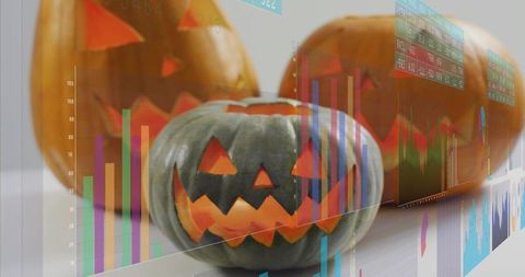 Glowing grey-green jack-o-lantern with translucent data overlay and analytics HUD dashboard