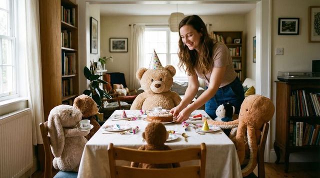 Woman hosting teddy bear tea party placing birthday cake at cozy sunlit dining table