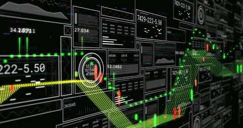 Neon 3d financial dashboard visualizing rising market trend with candlesticks and gauge