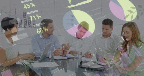 Diverse business meeting with digital data overlay