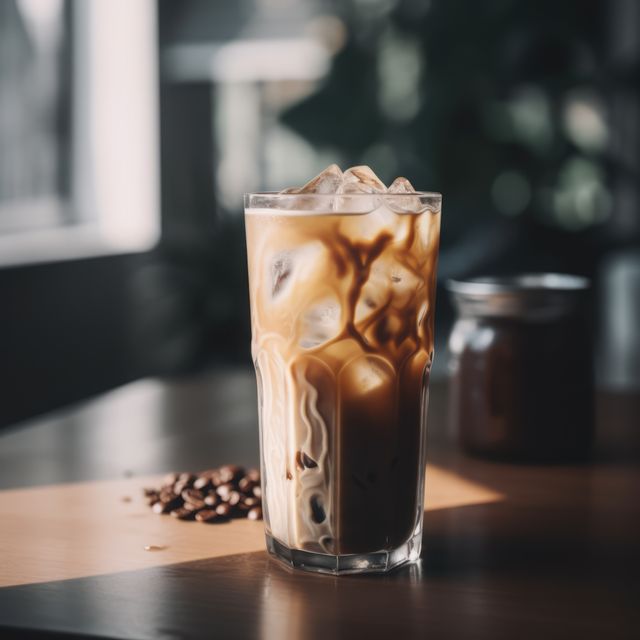 Perfect for illustrating summer refreshment concepts, this image shows a cold iced coffee with ice cubes in a tall glass set on a wooden table. The inclusion of coffee beans adds a rustic, authentic coffee shop vibe, ideal for food and beverage advertising, cafe menus, or social media promotions targeting coffee lovers.