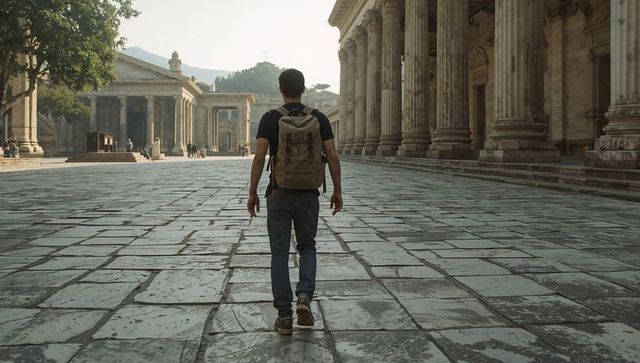 Solo traveler walking through historic neoclassical plaza with columns and sunlit stones