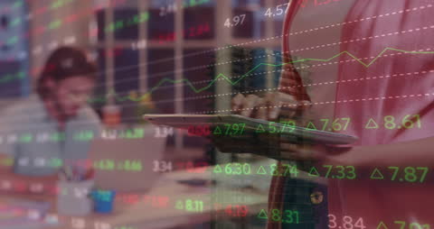 Businesswoman Analyzing Financial Data on Tablet Overlay