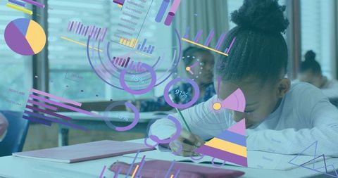 Student Writing at Desk with Augmented Data Visualizations Overlaying Classroom Learning