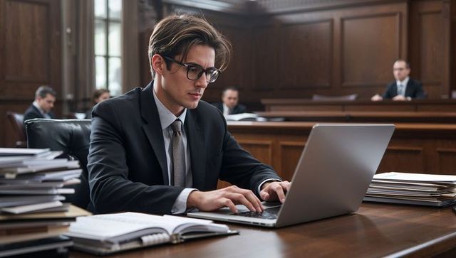 Lawyer typing on laptop at courtroom table reviewing legal documents in dark suit