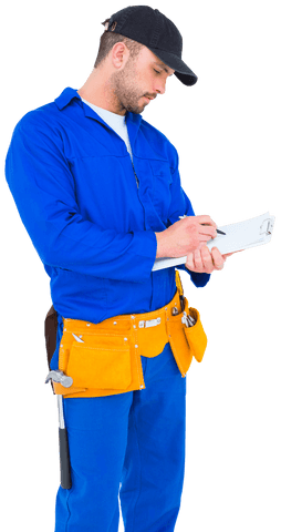 Transparent Handyman in Blue Overall Writing on Clipboard - Download Free Stock Videos Pikwizard.com