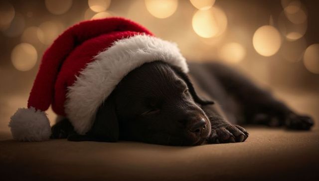Sleeping black labrador puppy wearing santa hat resting on cozy blanket with warm bokeh