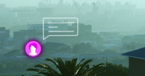 Social Media Icon with Speech Bubble Overlaying Urban Cityscape