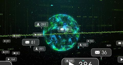 Rotating Neon Data Sphere Streaming Global Analytics with Floating Notification Bubbles