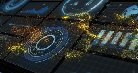 Futuristic Holographic Dashboard with Gold Particle Data Streams
