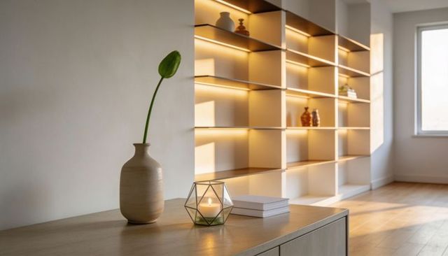 Displaying ceramic vase with green leaf and glowing candle on minimalist light wood console