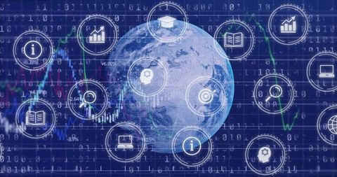 3D Rotating Earth Globe with Tech and Data Icons
