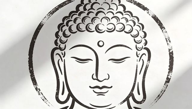 Monochrome buddha head with ink halo and urna minimal spiritual meditation illustration