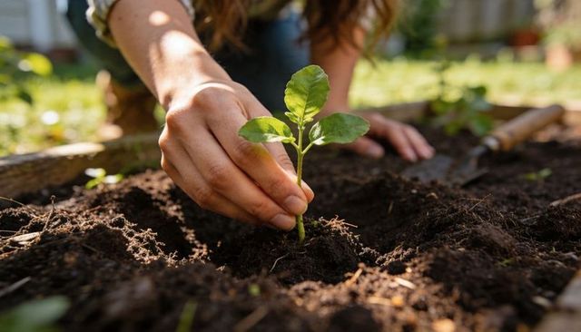 Home gardener planting seedling in raised bed, hands pressing soil, trowel nearby