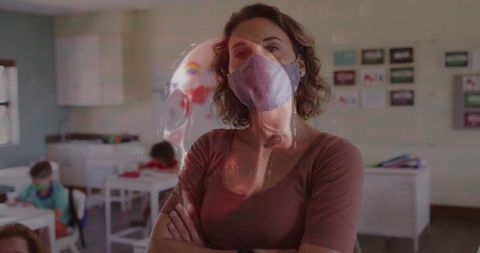 Teacher with Mask Overlaid by Skull Illustration in Classroom