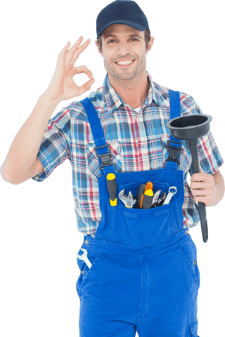 Plumber Holding Plunger Making OK Sign Isolated Transparent