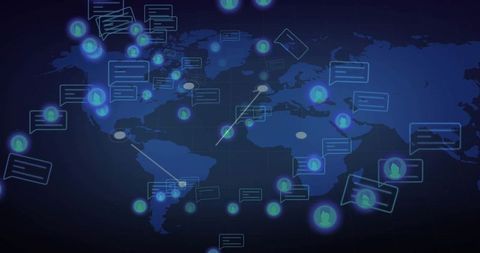 Glowing World Map Overlay with Digital Communication Icons