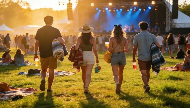 Four friends walking toward stage carrying blankets and drinks at outdoor music festival