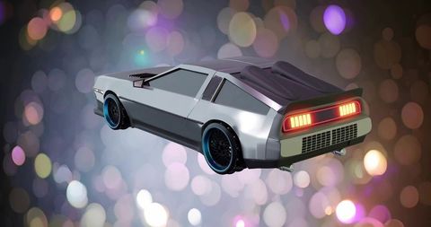 Floating silver retro-futuristic sports coupe with glowing taillight bar and blue rims