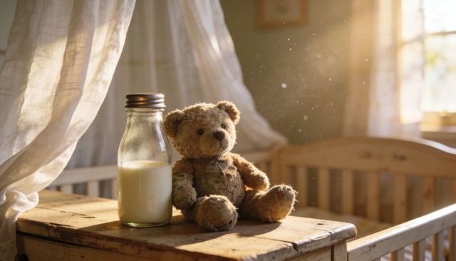 Sunlit vintage teddy bear on rustic nursery table with glass milk bottle and crib