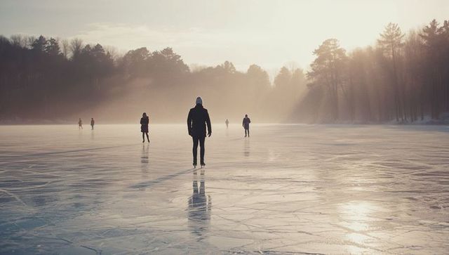 Misty sunrise ice skating on frozen lake