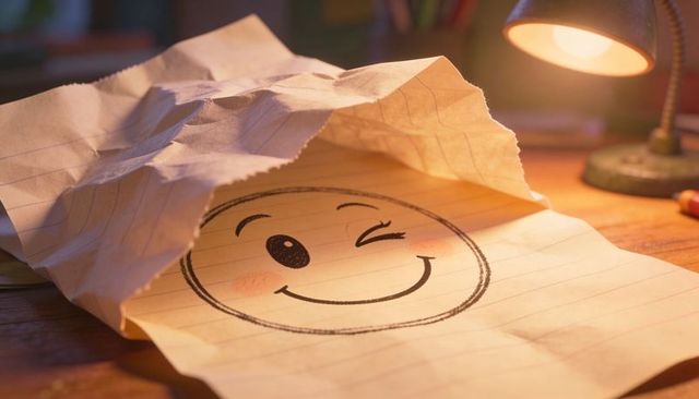 Winking smiley doodle peeking from crumpling lined paper under warm cozy desk lamp glow