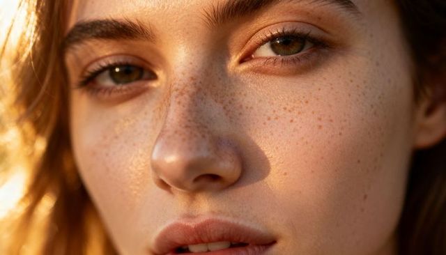 Golden hour close-up showing freckles, hazel eyes and natural skin texture