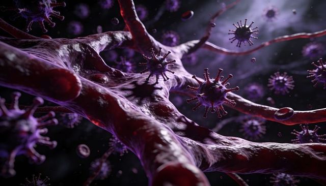 Viral Particles Attaching to Tubular Tissue Matrix in Dark Purple 3D Medical Macro