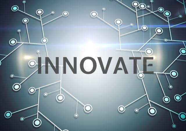 This shows the word 'innovate' on a gray, digitized circuit board with interconnected nodes, symbolizing digital connection and technological advancement. Ideal for illustrating technology themes, innovation concepts, forward-thinking approaches, digital marketing, futuristic presentations, or tech-related branding.