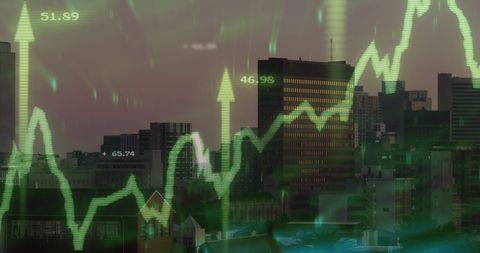 Rising Digital Graph Overlay on City Skyline at Dusk - Download Free Stock Images Pikwizard.com