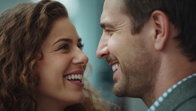 Couple sharing intimate smile and eye contact in urban plaza closeup candid romance