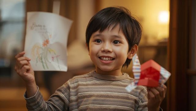 Smiling child holding handmade drawing and red paper house, cozy craft moment at home