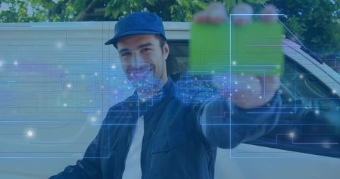 Courier holding card with futuristic digital overlays