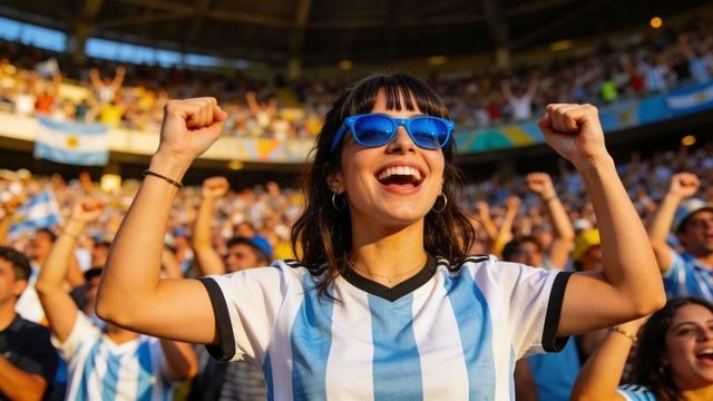 Young argentina football fan cheering in stadium wearing blue sunglasses, striped jersey