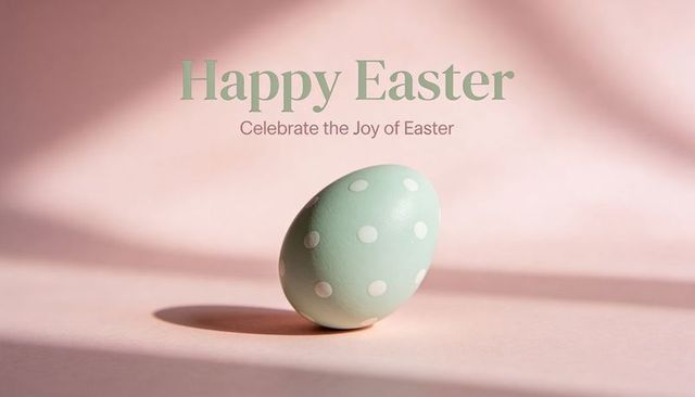 Tilting pastel polka-dot egg with happy easter text on pink backdrop