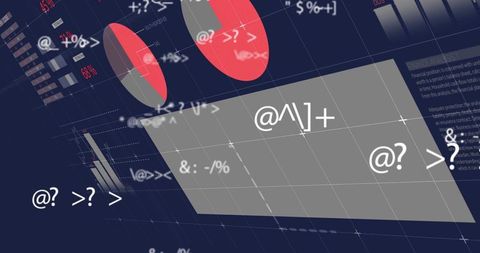 Tilted dashboard panel displaying red pie charts and abstract data symbols on navy grid