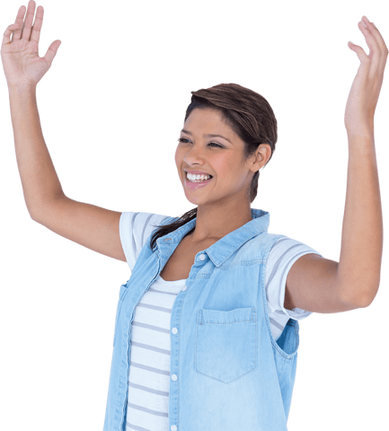 Smiling Woman with Raised Hands Celebrating Rejoicing on Transparent Background
