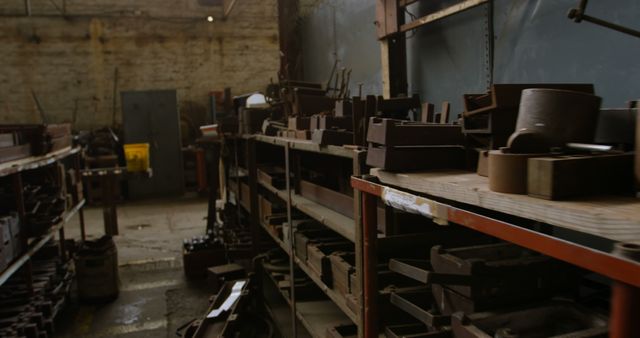 Metal parts and tools are arranged on shelves in a dimly lit industrial workshop, evoking a sense of ongoing manufacturing work. The cluttered space suggests a busy environment where various metalworking processes take place.