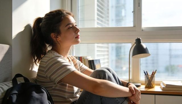 Sunlit young woman gazing out urban window, contemplative student with backpack and books
