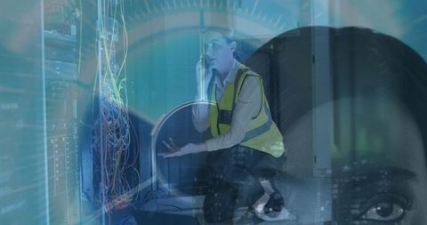 It specialist managing server wires with futuristic overlay