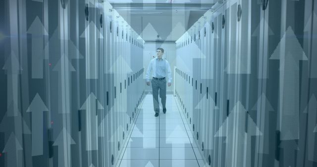 Businessman in formal attire walking through modern data center, surrounded by servers. Digital arrows indicating growth are overlaid, symbolizing technological advancement and business growth. Suitable for illustrating concepts of IT infrastructure, digital transformation, and business progress.